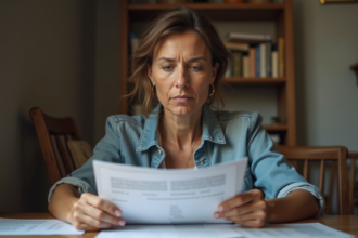 Femme pensive dans sa cuisine avec documents officiels