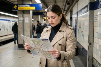 Femme consultant un plan imprimable du RER parisien sur un quai de gare