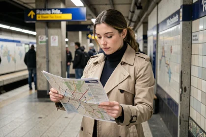 Femme consultant un plan imprimable du RER parisien sur un quai de gare