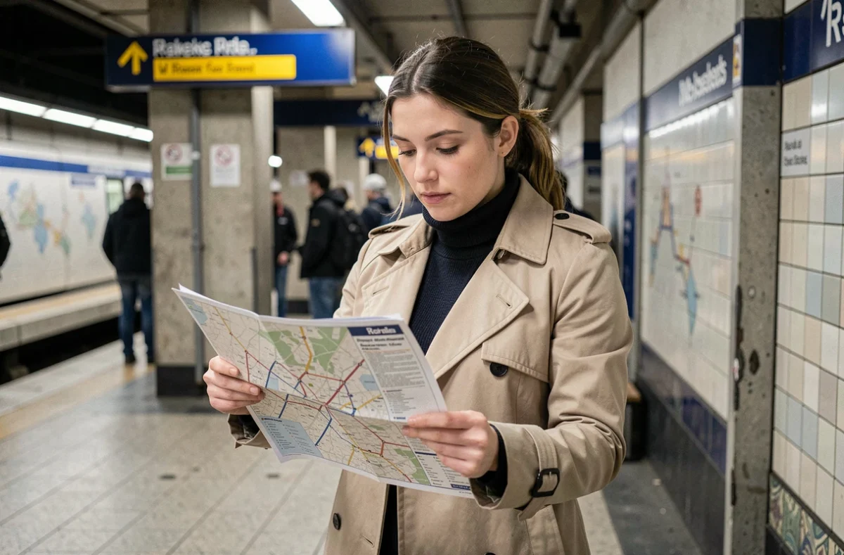 Femme consultant un plan imprimable du RER parisien sur un quai de gare