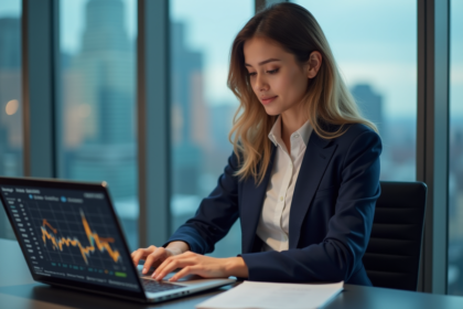 Femme professionnelle analysant des données blockchain sur son ordinateur
