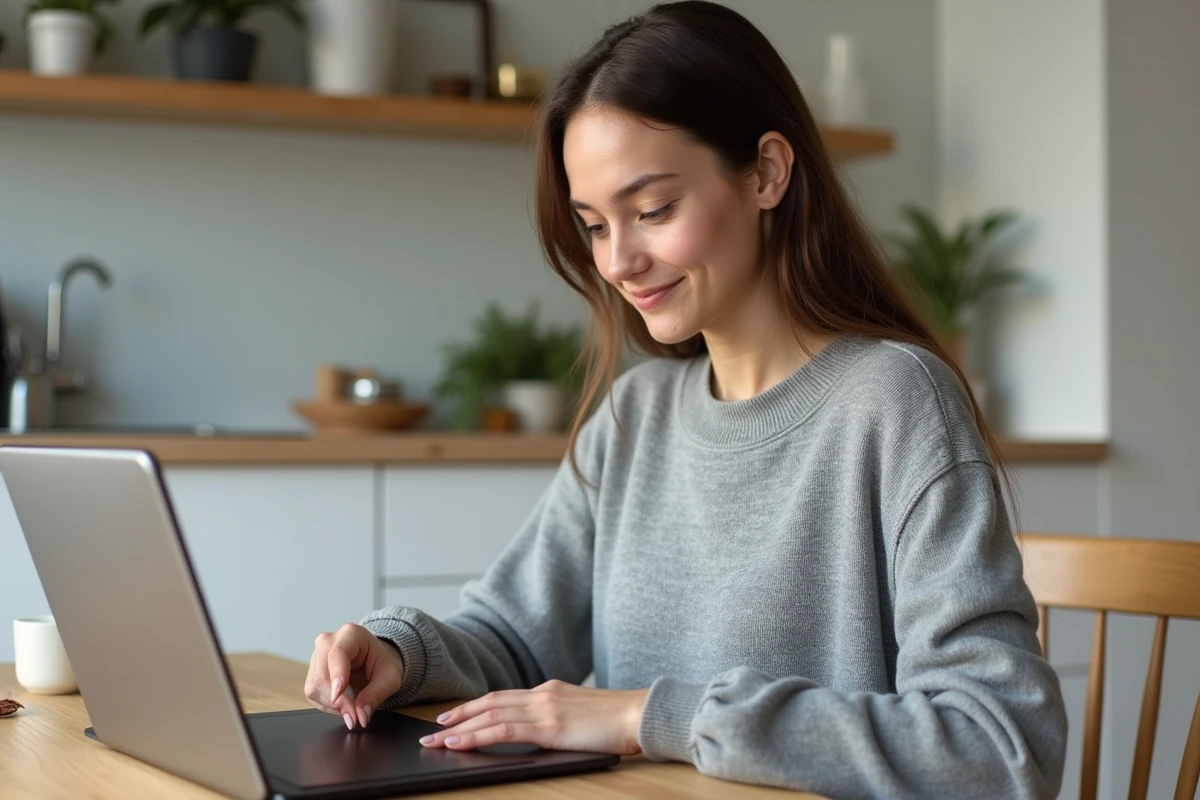 Jeune femme utilisant une tablette dans une cuisine scandinave