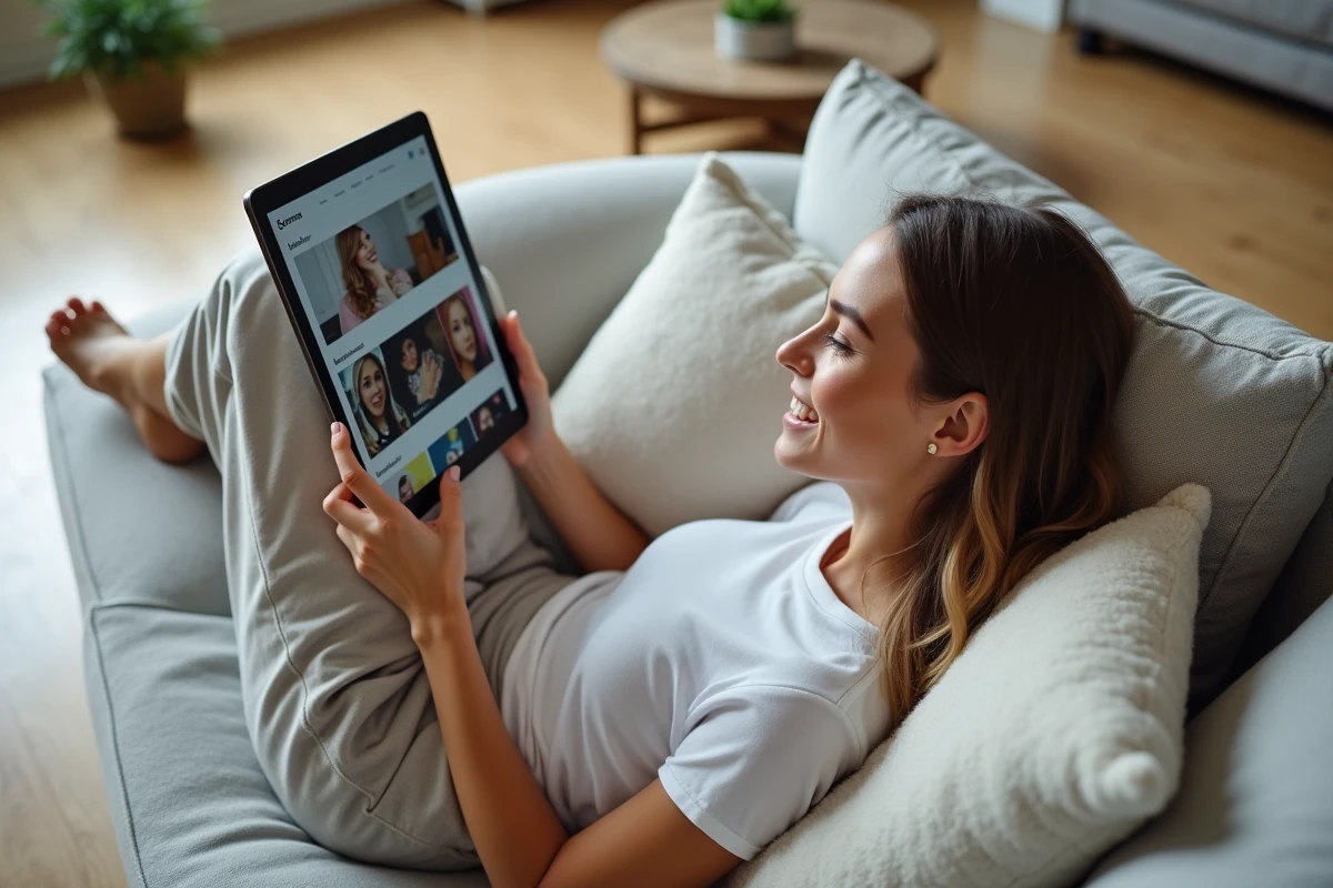 Femme découvrant des contenus maison sur tablette allongée dans un salon moderne de style scandinave