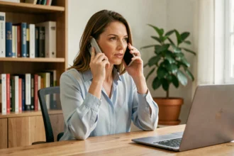 Femme au téléphone avec le service client Pôle Emploi depuis son bureau à domicile