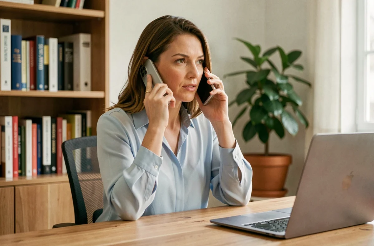 Femme au téléphone avec le service client Pôle Emploi depuis son bureau à domicile