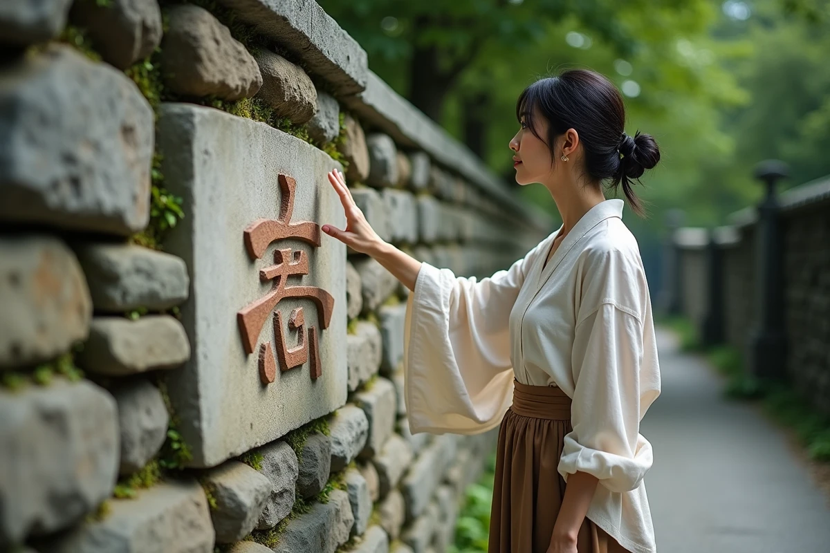 Femme japonaise touchant le kanji gravé sur pierre