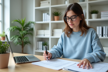 Jeune femme compare traduction sur ordinateur et papier