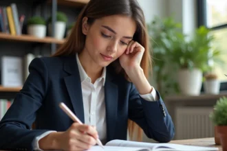 Jeune femme française écrivant dans un carnet au bureau