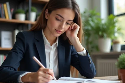 Jeune femme française écrivant dans un carnet au bureau