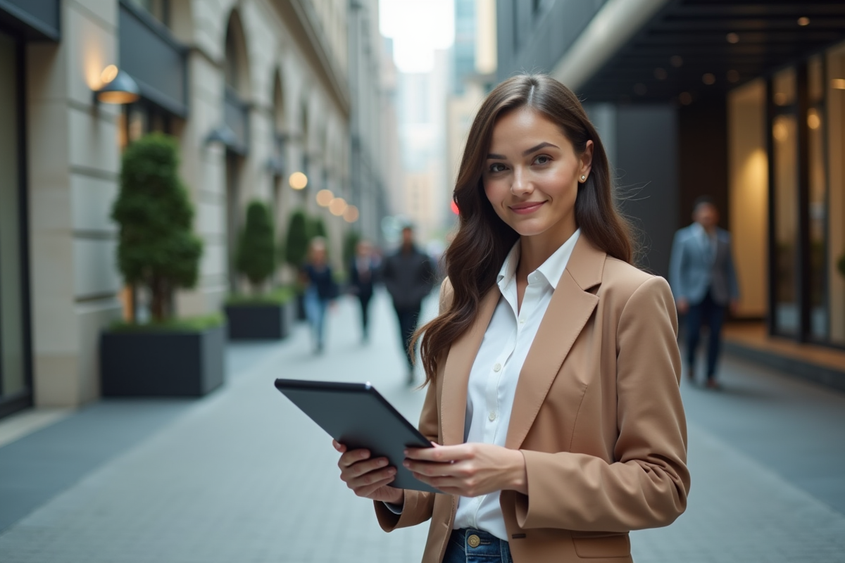 Jeune femme en extérieur tenant une tablette avec un portefeuille