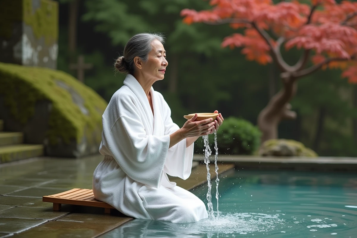 Femme japonaise en yukata blanc pratiquant le rituel de purification dans un bain extérieur rotenburo entouré de pierres moussues