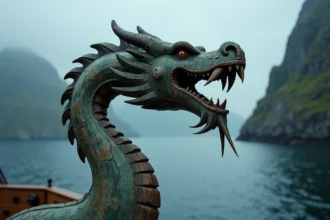 Proue de drakkar viking sculptée en forme de dragon serpentin sur fond de fjord brumeux
