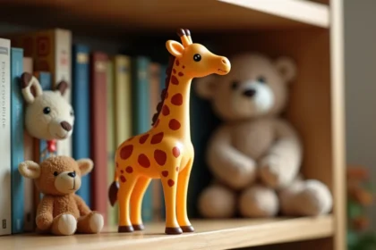 Figurine de girafe en plastique représentant Melman de Madagascar posée sur une étagère en bois avec d'autres animaux de safari