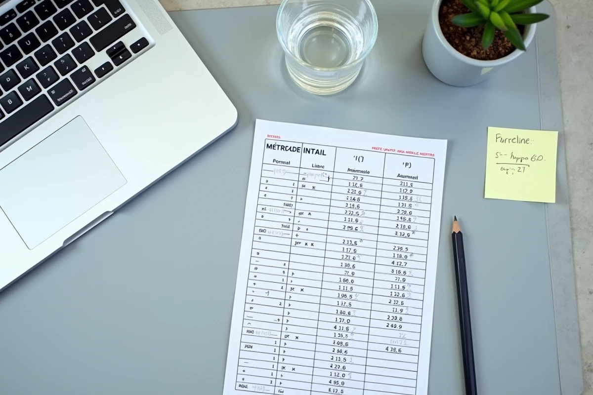 Vue en plongée d'un bureau avec feuille Excel imprimée montrant une table de conversion mètre cube en litre