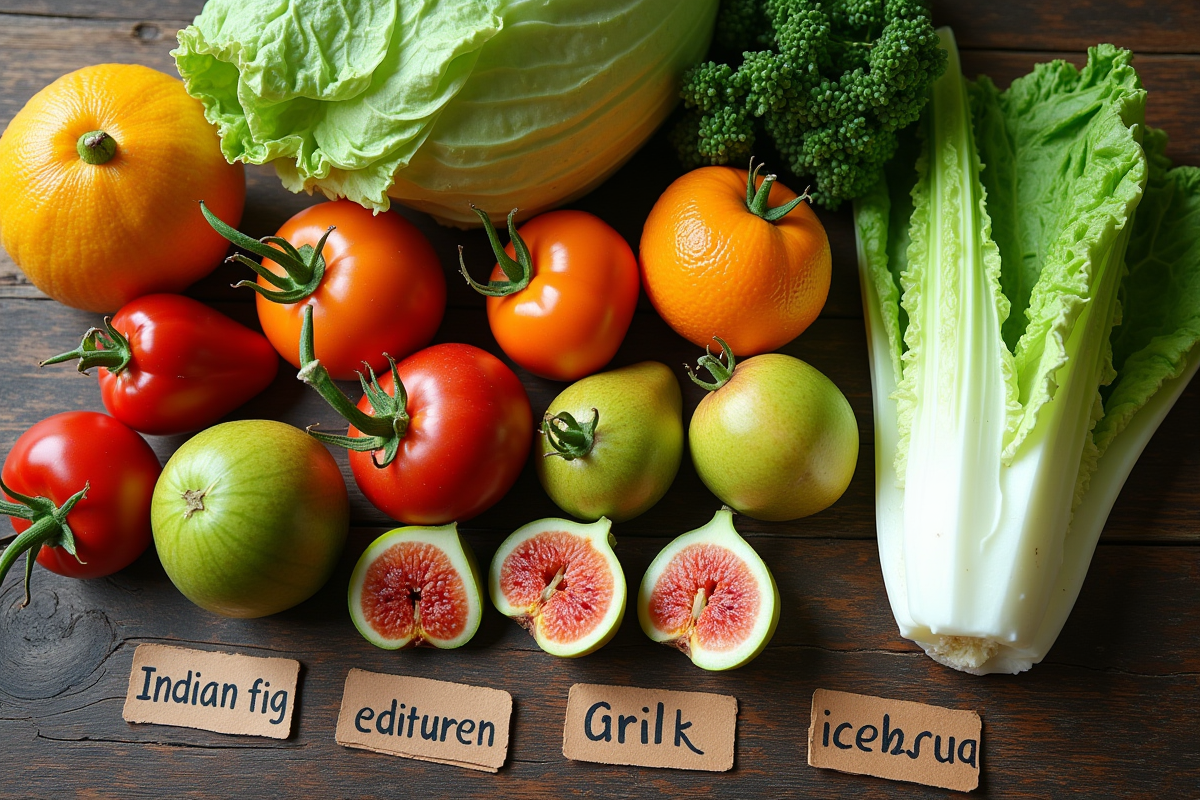 Arrangement de fruits et légumes Inamed sur table en plein jour