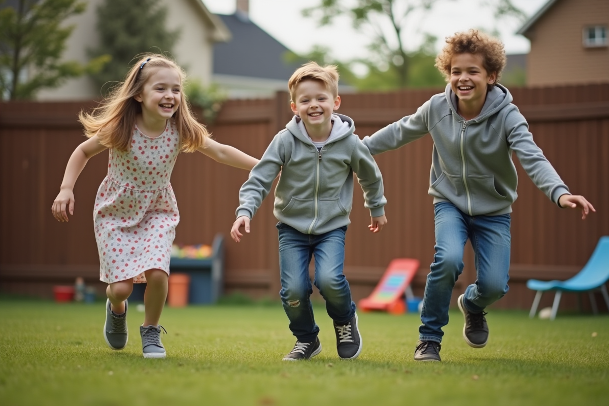 Freres et soeurs jouant dans le jardin