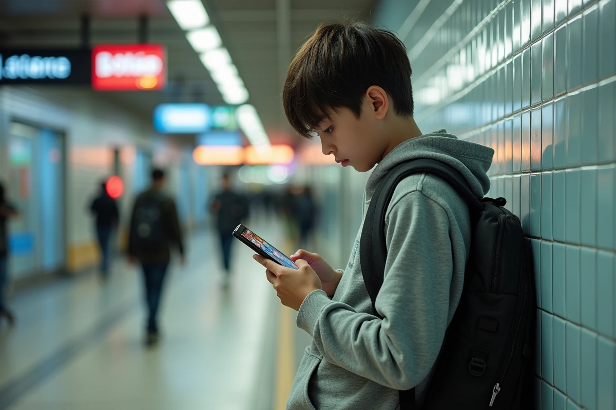 Adolescent lisant manga dans une station de métro