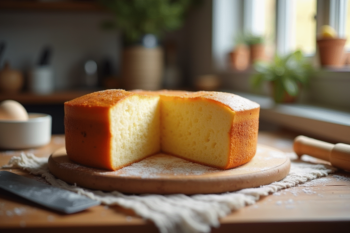 Gâteau éponge nature sur une table en bois lumineuse