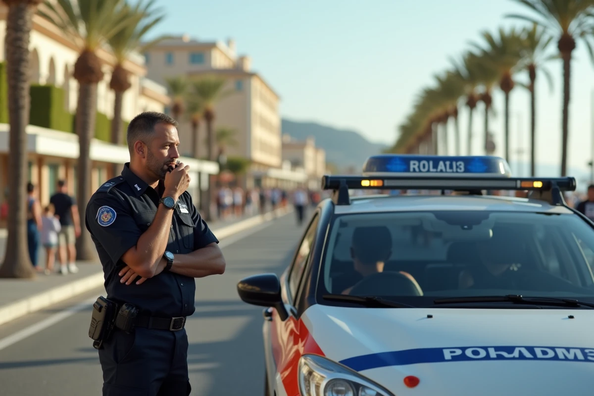 Gendarme français en intervention à Cannes près d'un véhicule de patrouille sur la promenade