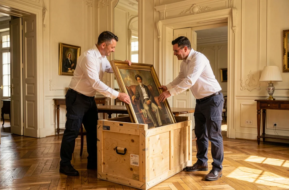 Deux déménageurs soignés des Gentlemen du Déménagement emballant un tableau dans une caisse en bois capitonnée dans une demeure bretonne élégante