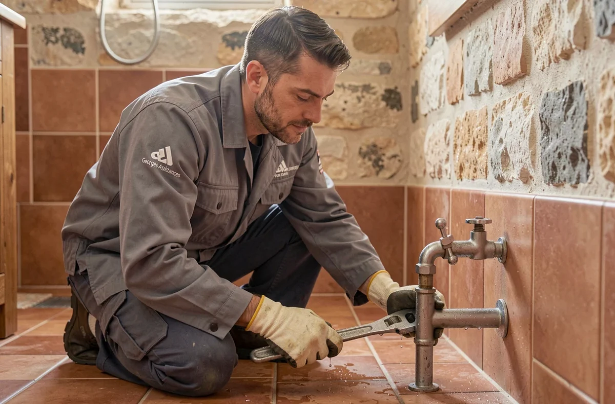 Plombier de Georges Assistances intervenant dans une salle de bain de style provençal