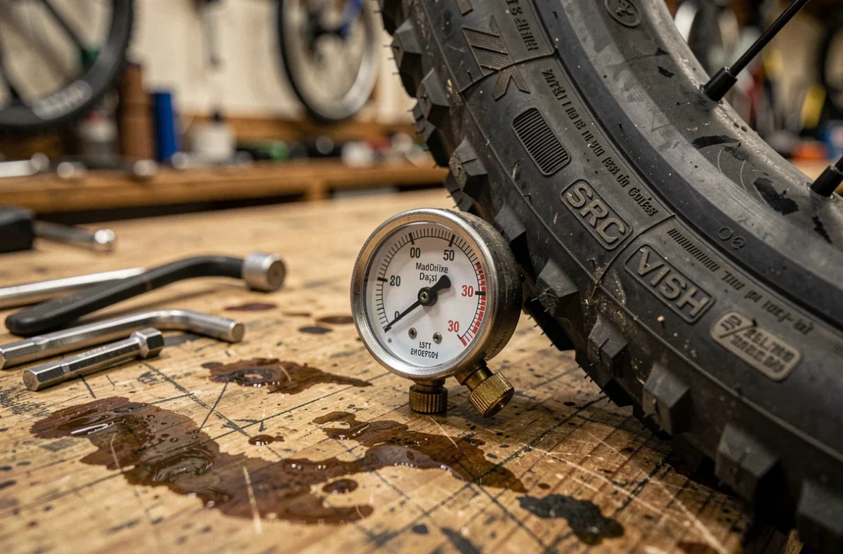 Gros plan sur un manomètre de pneu VTT indiquant les valeurs en bar et en psi sur un établi d'atelier