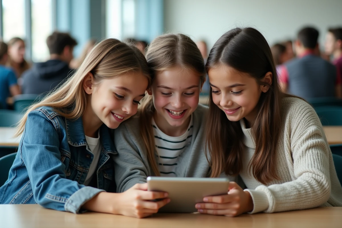 Groupe d'adolescents réagissant ensemble à du contenu en ligne sur une tablette dans une cafétéria scolaire, représentant le partage de médias numériques entre pairs