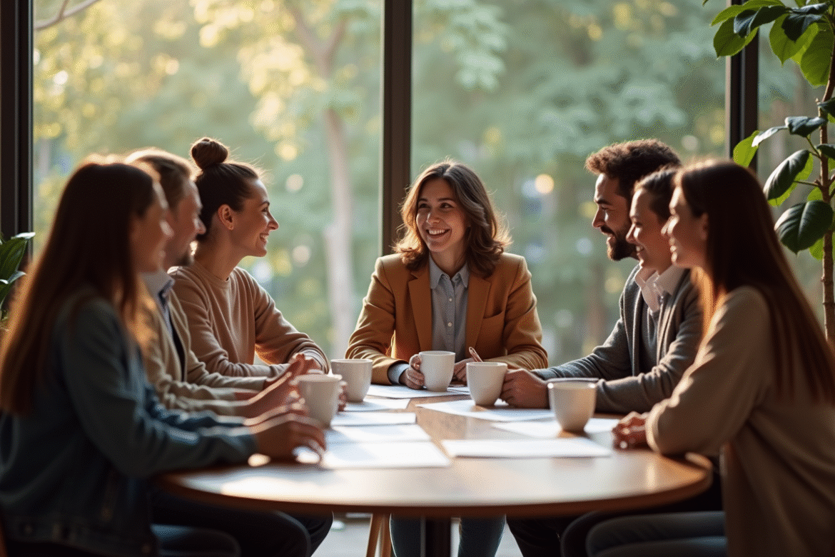 Groupe de personnes diverses discutant autour d'une table chaleureuse