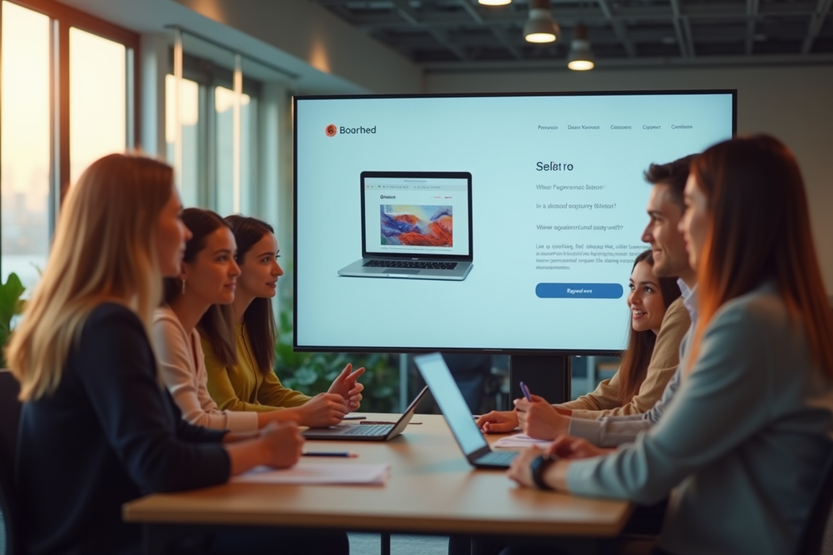 Groupe de personnes autour d un écran affichant un site web moderne