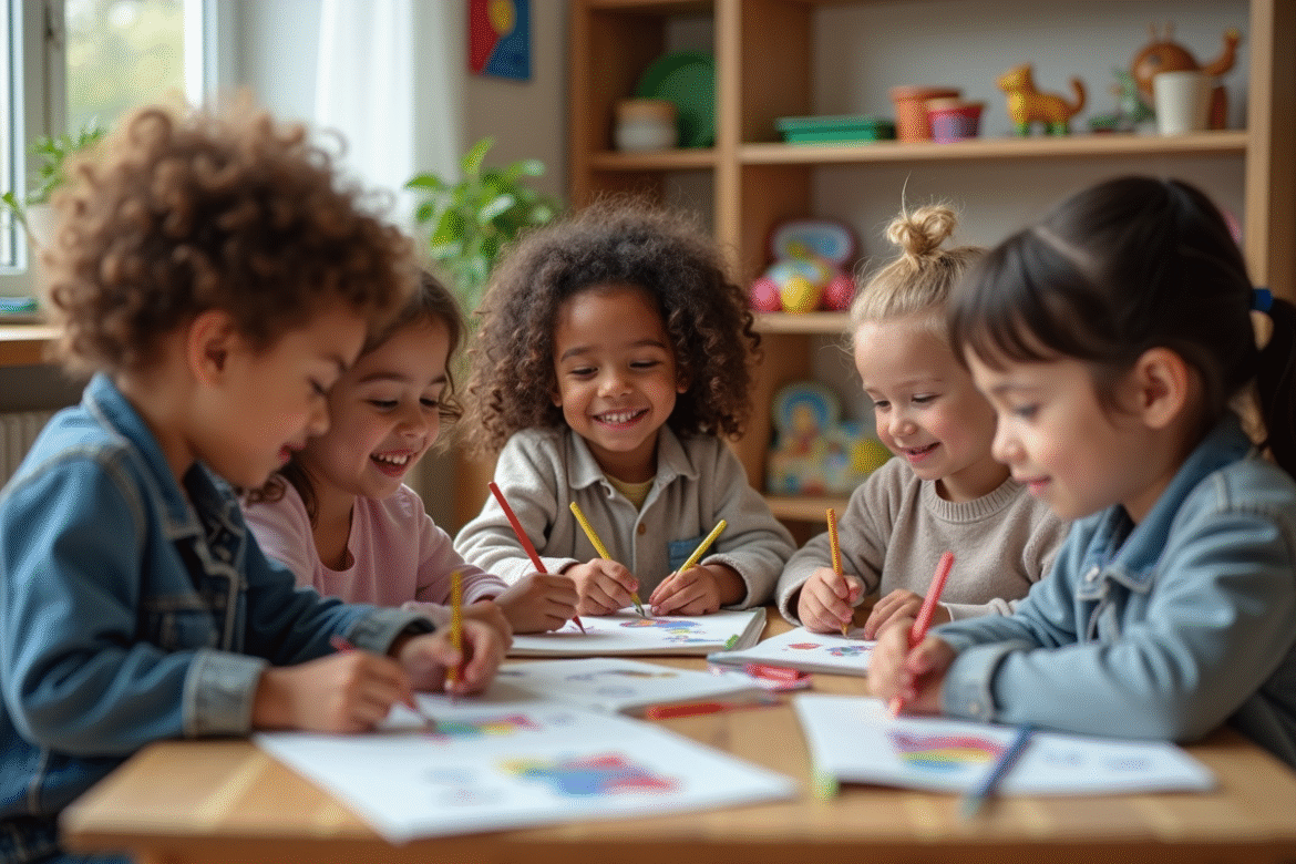 Enfants de 4 à 7 ans partageant livres et dessins