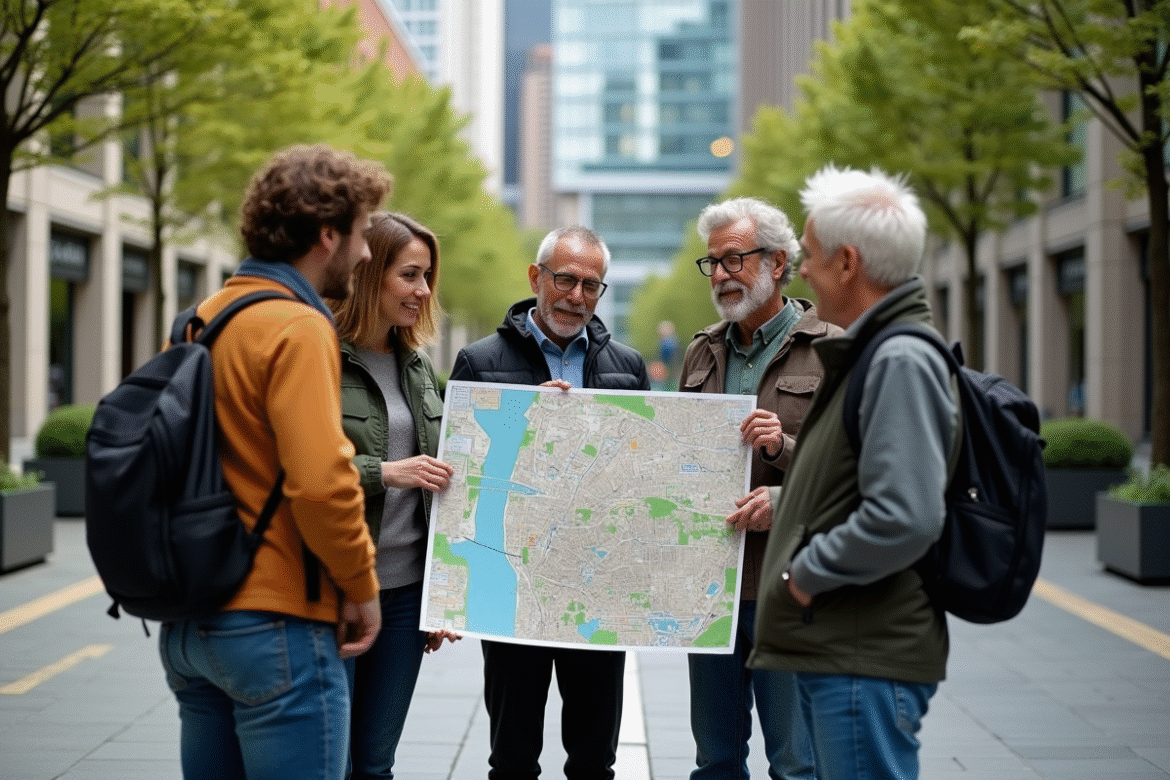 Groupe de jeunes et seniors discutant sur une place urbaine