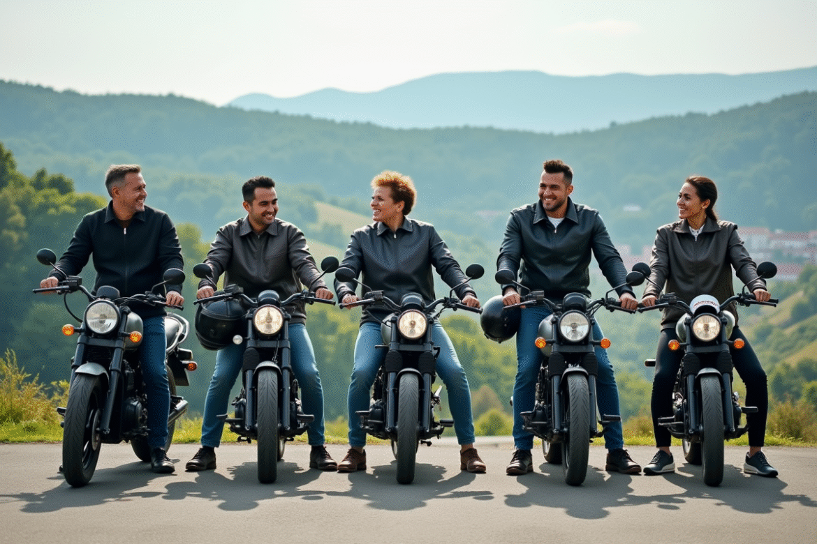 Groupe d'adultes avec motos 50cc en campagne