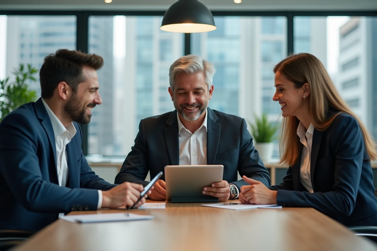 Professionnels discutant avec leurs tablettes dans un bureau moderne
