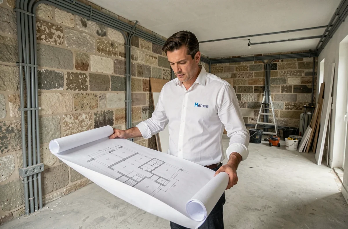 Chef de projet Hemea examinant des plans d'architecte dans un appartement parisien en cours de rénovation électrique