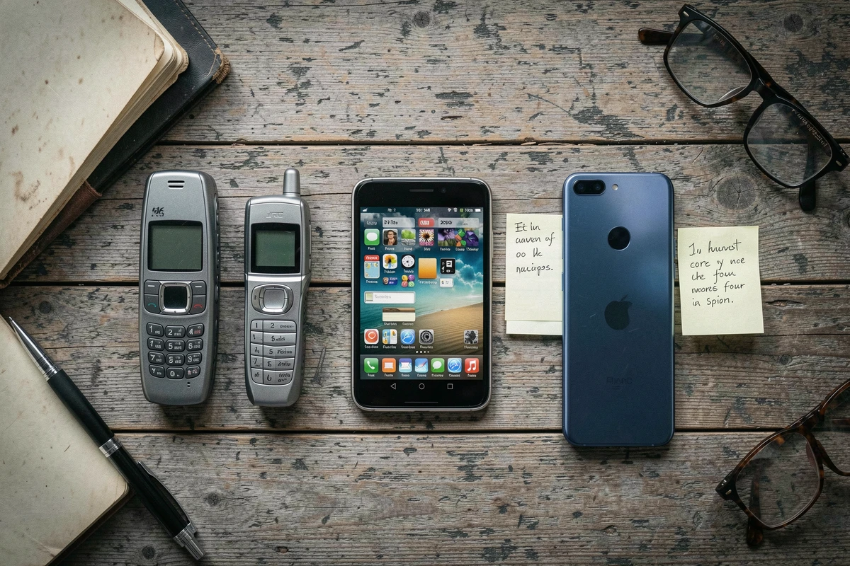 Frise chronologique de téléphones mobiles posés sur une table en bois, de l'ancien flip phone au smartphone actuel