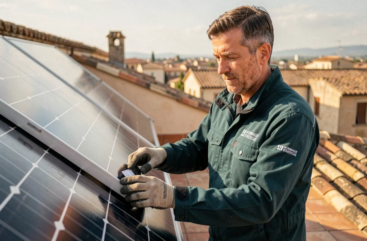 Technicien Hommage Énergie ajustant un panneau solaire thermique sur un toit d'Avignon