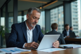 Homme d'affaires en costume analysant des graphiques financiers