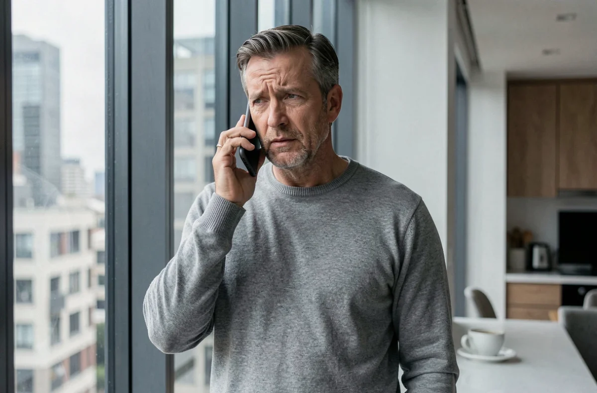 Homme cherchant à joindre Pôle Emploi par téléphone depuis son appartement