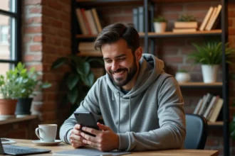 Homme utilisant une application de découverte de contenus maison sur smartphone dans un bureau à domicile chaleureux
