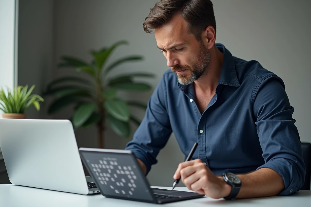 Homme utilisant une application de résolution de mots croisés sur tablette dans un bureau moderne et minimaliste