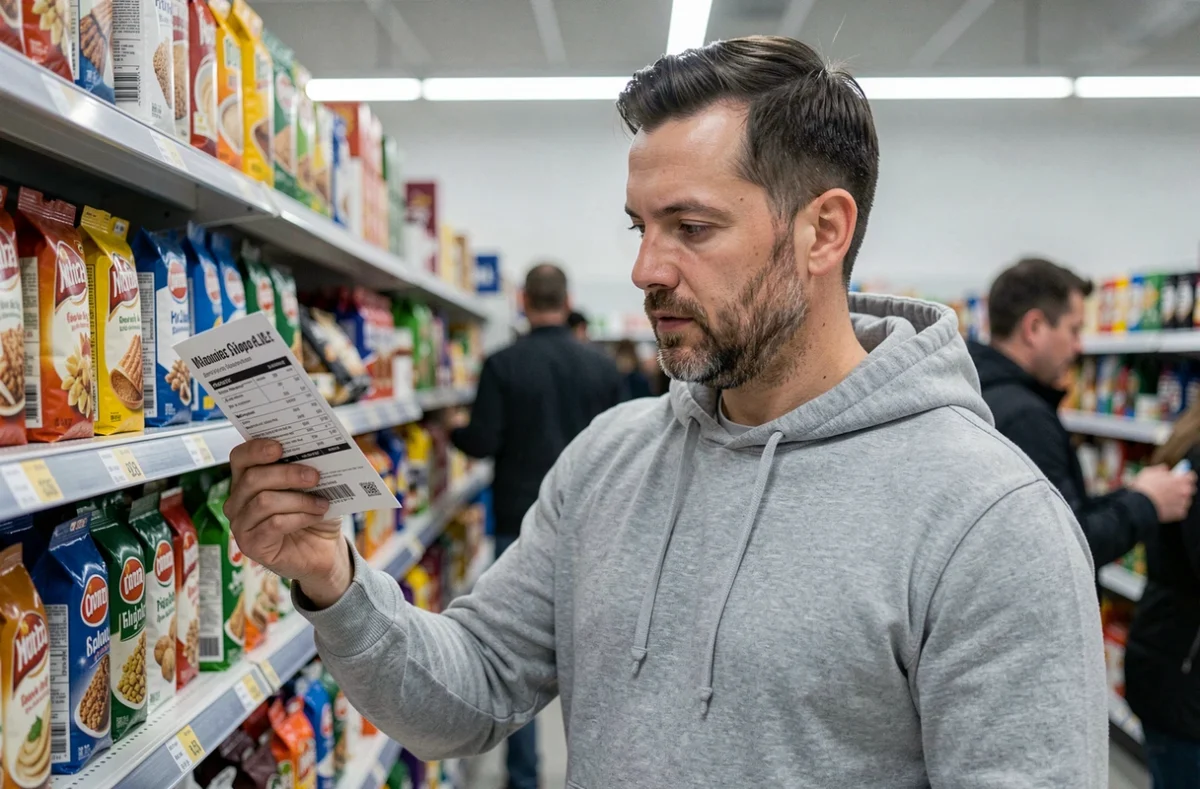 Homme comparant un bon de réduction imprimé avec des produits en rayon dans un supermarché pour réduire sa facture d'épicerie