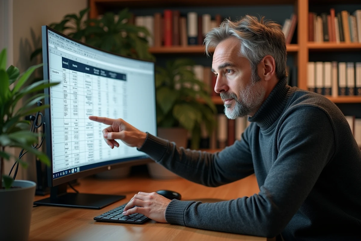 Homme pointant une formule de conversion sur un tableau Excel affiché sur grand écran à son bureau