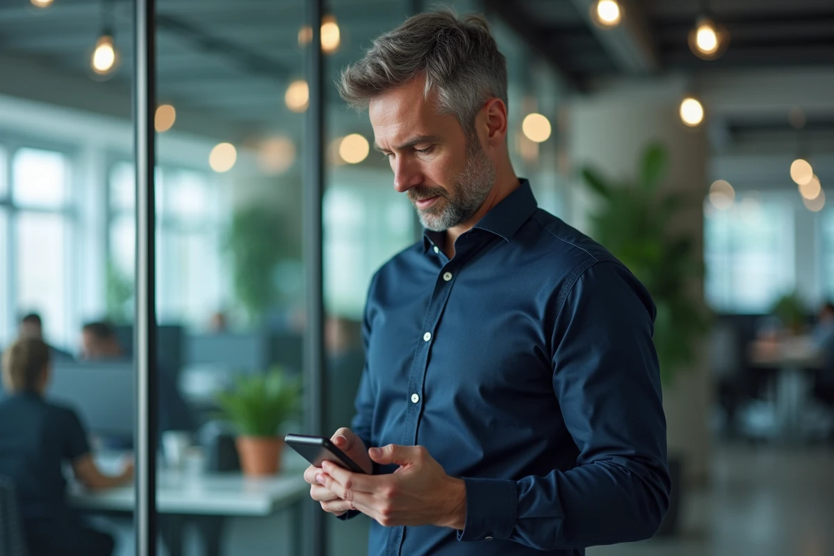Homme en bureau modifiant un numéro de téléphone avec l'indicatif 30 sur son mobile
