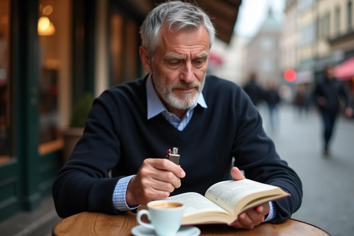 Homme au café étudiant un livre de phrases avec briquet