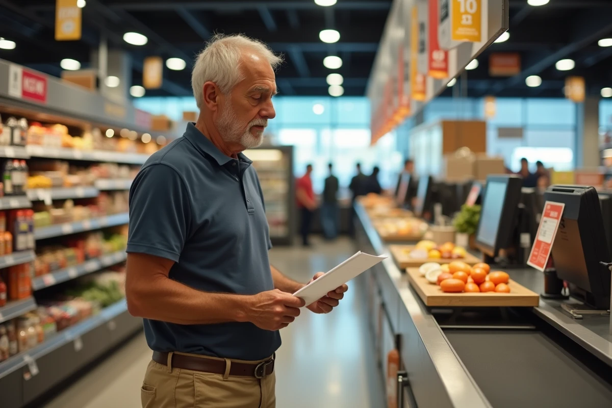 Homme en caisse d'un supermarché ouvert le dimanche à Montpellier, vérifiant sa liste de courses pour respecter son budget