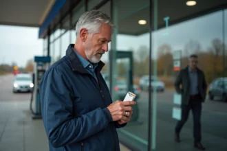 Homme d'âge moyen examine un paquet de cigarettes devant une station essence au Luxembourg