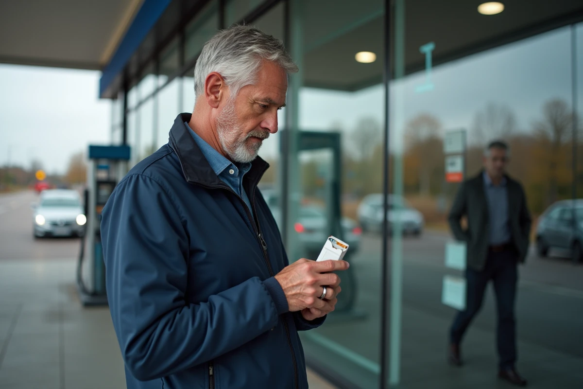 Homme d'âge moyen examine un paquet de cigarettes devant une station essence au Luxembourg