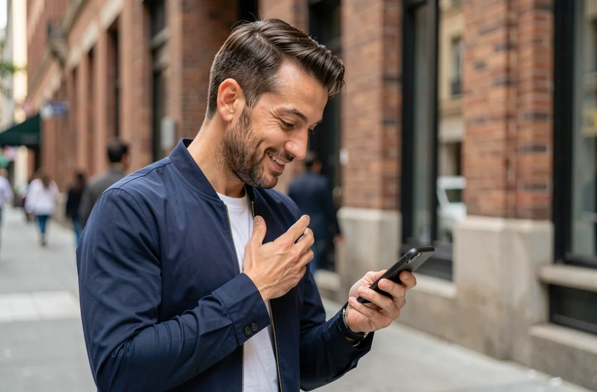 Homme en ville croisant les doigts en regardant son téléphone, geste emoji et communication par messagerie