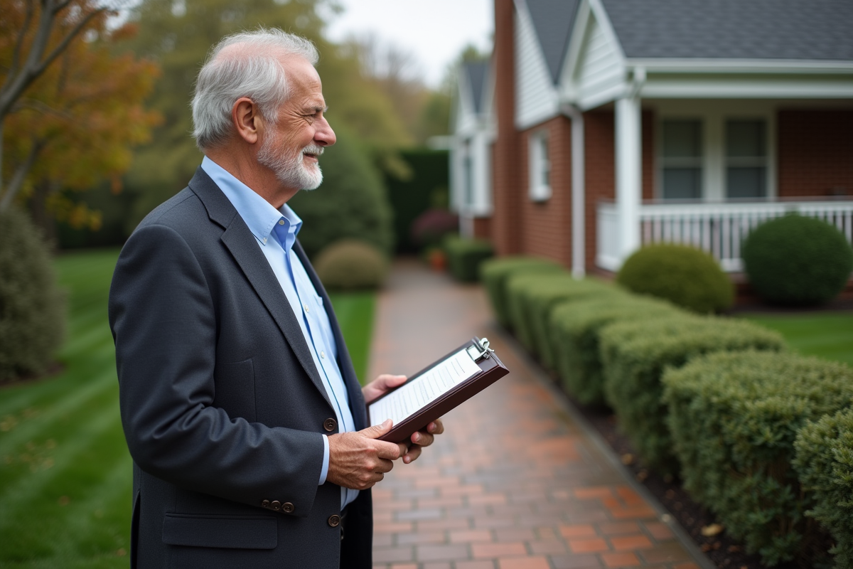 Homme âgé regardant une maison de banlieue avec un clipboard
