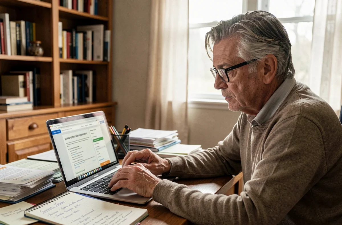 Homme consultant les petites lignes de son contrat de service en ligne depuis son bureau à domicile